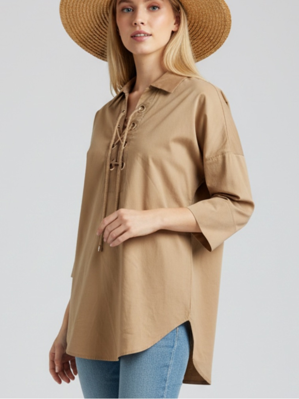 CHICO’S -Women's Lace-Up Collared Tunic Top - Camel